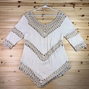 Elan Shirt Womens Medium Cream Crocheted 3/4 Sleeve Boho Peasant Blouse